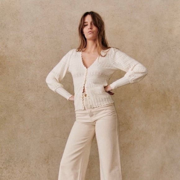 Sezane Charlotte Ivory Textured Knit Cardigan Blouse - Picture 2 of 10